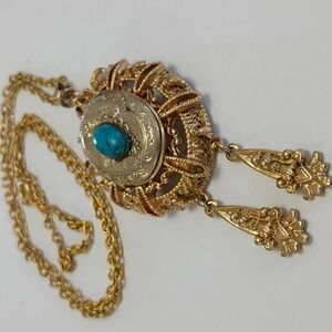 Etruscan Style Ornate Large Necklace Costume Jewelry Pendant Tassels Locket